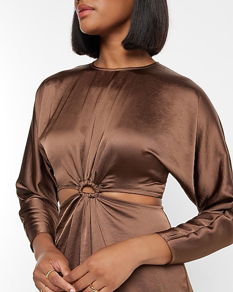 Satin Long Sleeve Cutout Midi Dress