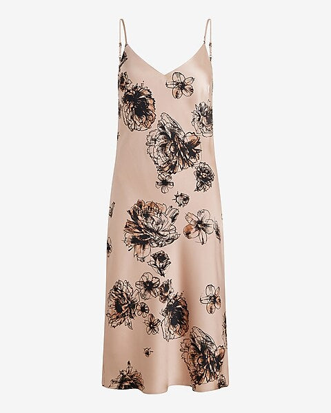 Floral Satin V-neck Midi Downtown Cami Slip Dress