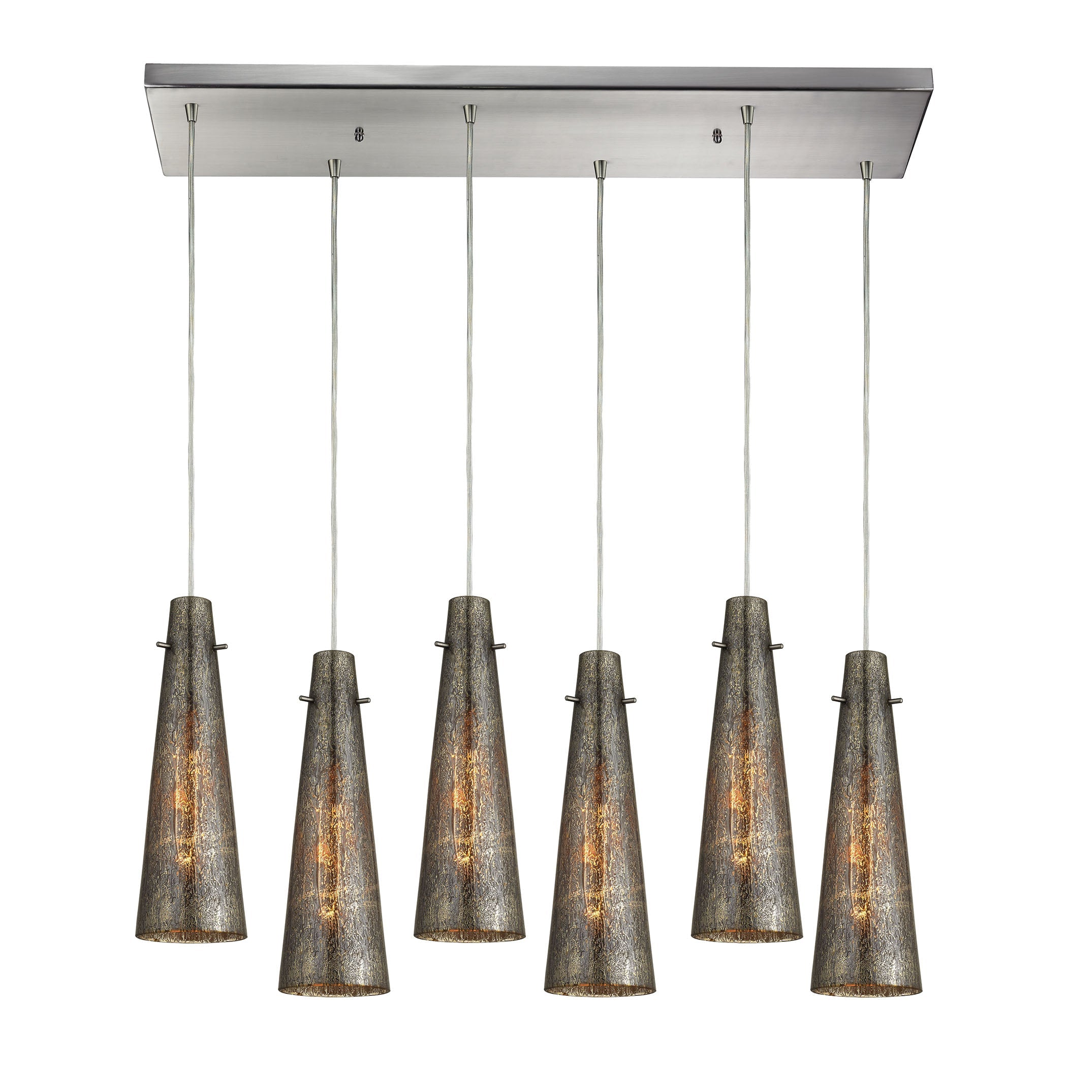 Rury 6 Light Pendant In Satin Nickel And Mercury Glass