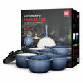 Ollas de Hierro Fundido Esmaltado 8 Piezas. Set de Cocina Con Sartén 26 cm, Ollas 20/22/24 cm. Espesor 3.2 mm. 100% Libre de Teflón. Color Azul