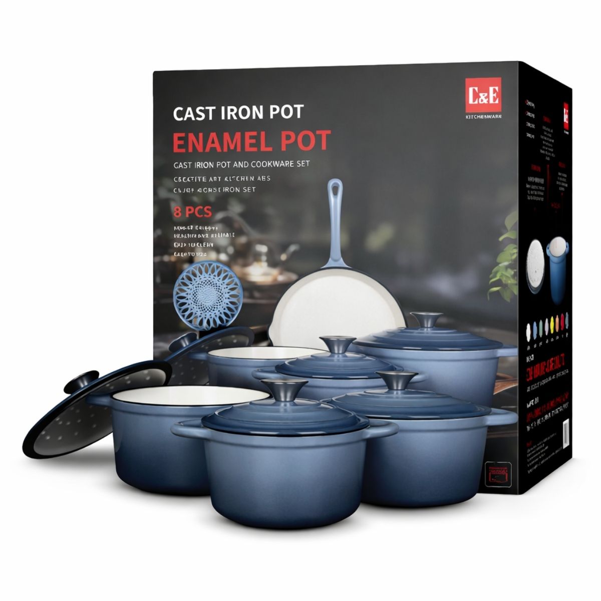 Ollas de Hierro Fundido Esmaltado 8 Piezas. Set de Cocina Con Sartén 26 cm, Ollas 20/22/24 cm. Espesor 3.2 mm. 100% Libre de Teflón. Color Azul