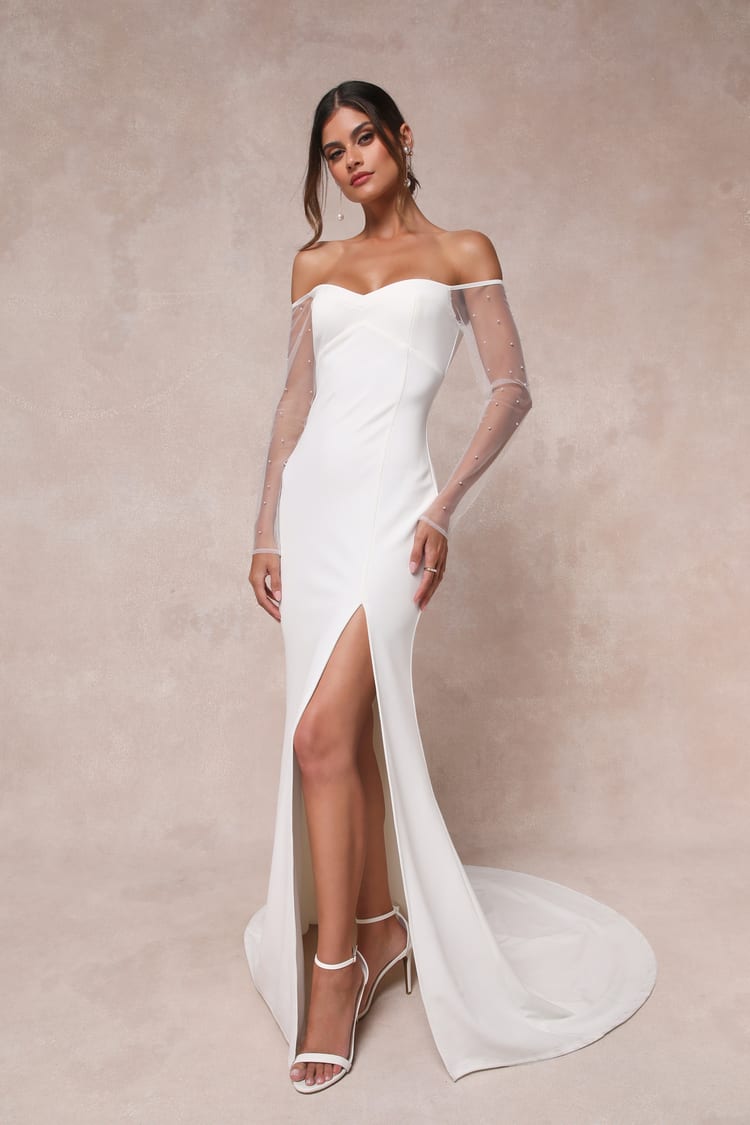 Lulus | White Mesh Off-the-Shoulder Pearl Maxi Dress | Womens | Medium (Available in XXS, XS, L)