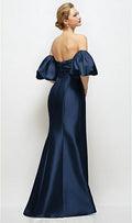 Alfred Sung Women's Off the Shoulder Puff Sleeve Satin Gown - Blue