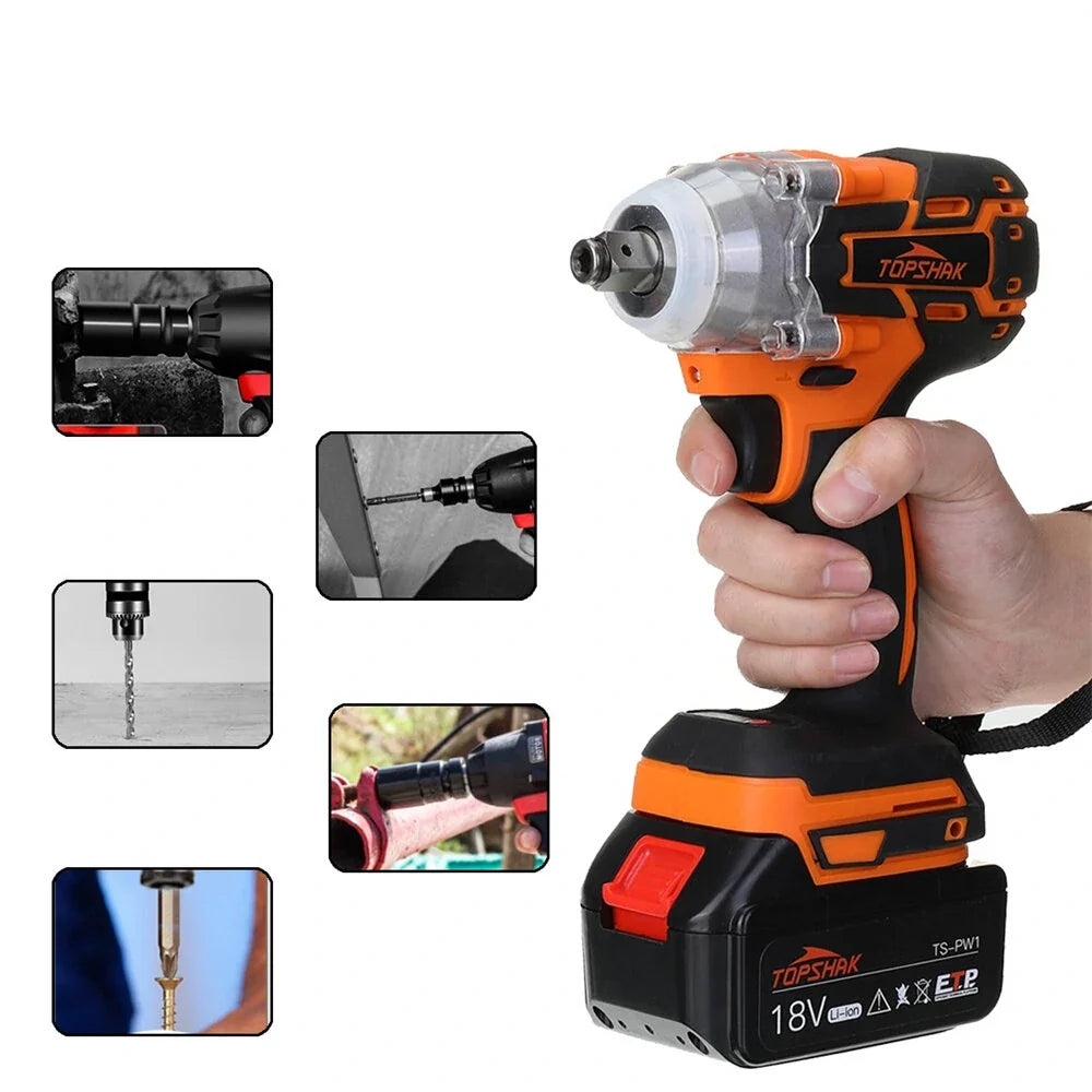 Topshak TS-PW1A 380N.M Brushless Electric Impact Wrench with LED Light & Battery for Woodworking & Maintenance