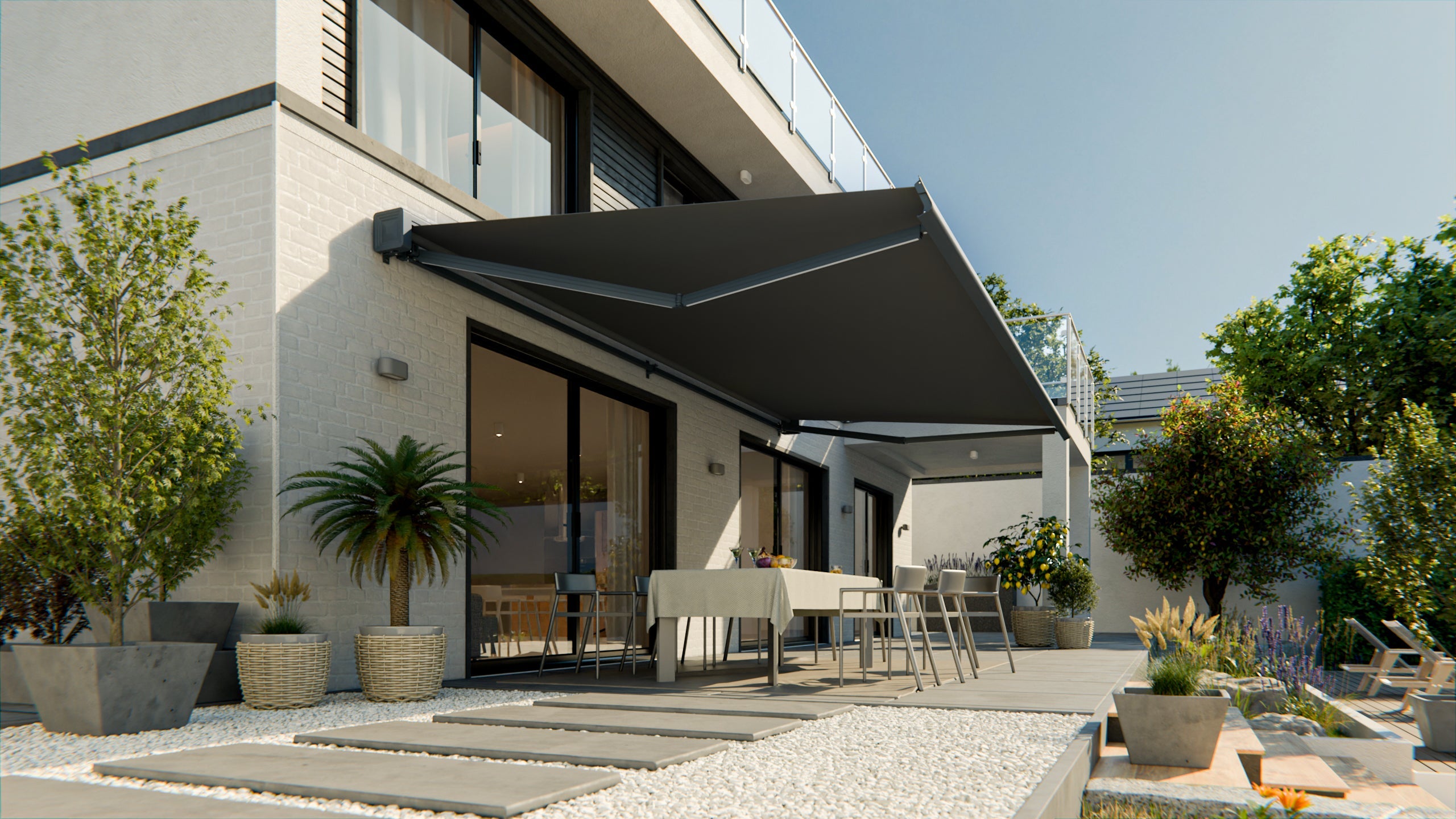 VANA Elektrische Solar-Vollkassettenmarkise Dunkelgrau RAL 7012 inkl. LED & Motor SP1308EMSL - Vana Deutschland