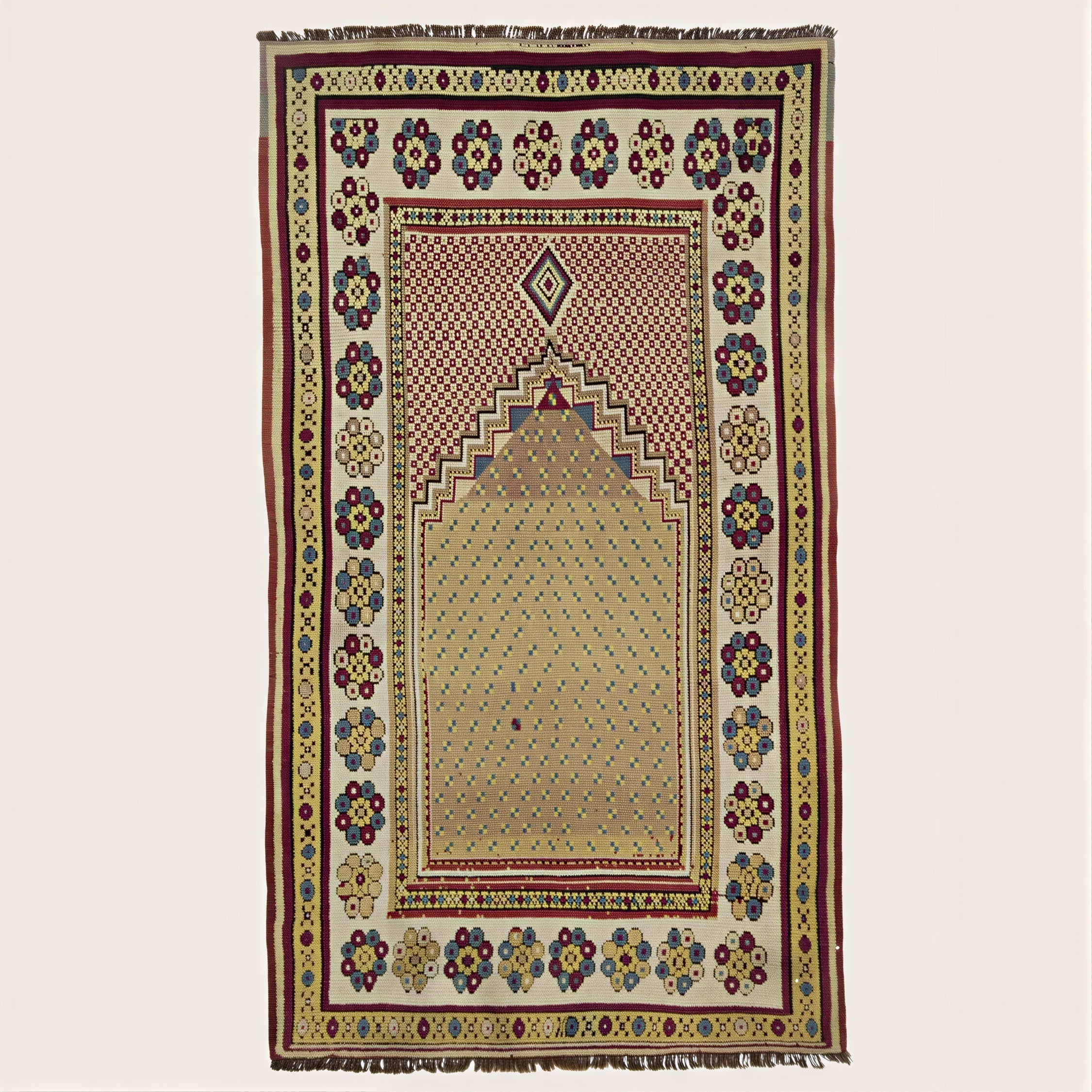 Exquisite handcrafted rug with intricate border and vibrant geometric motifs.
