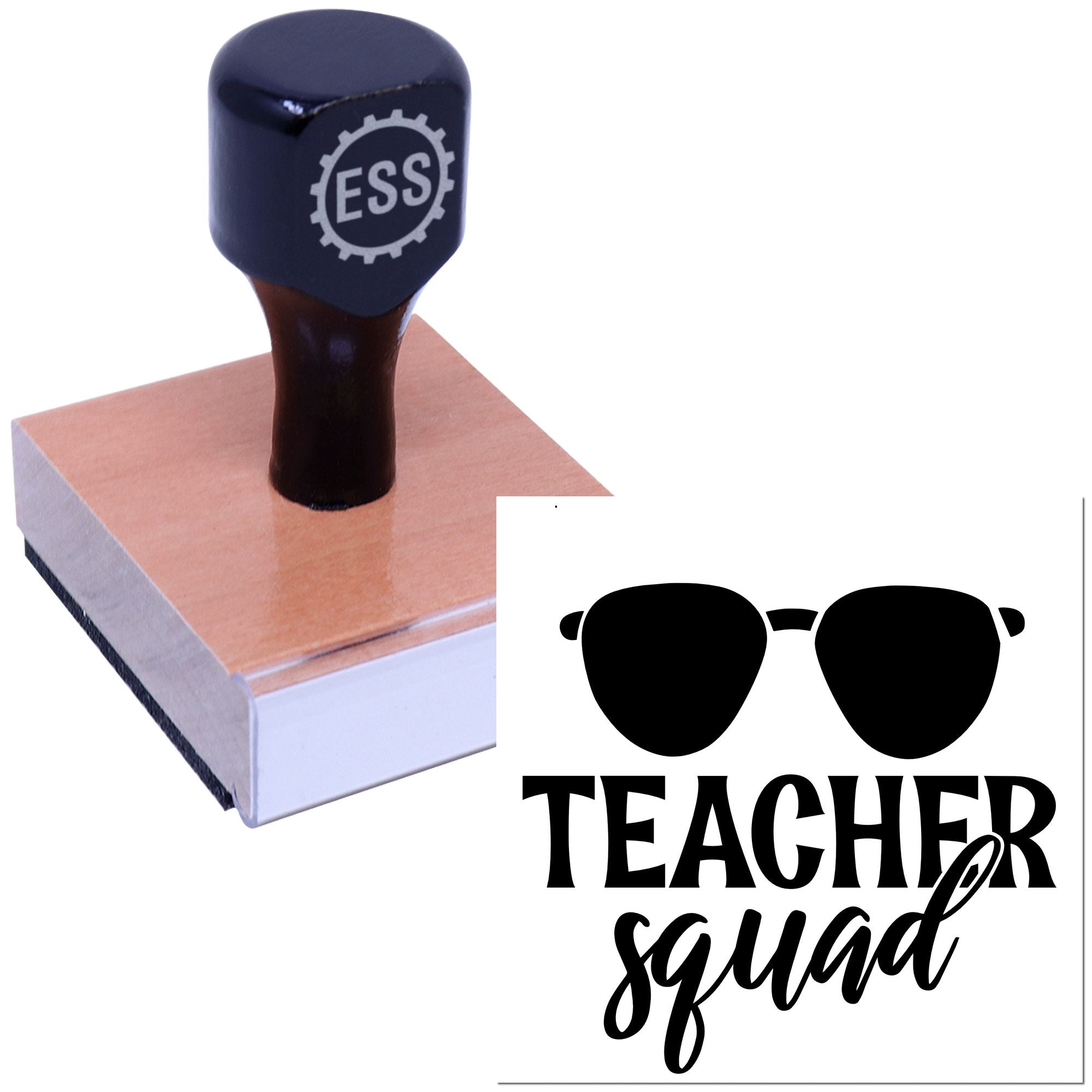 Black ESS rubber stamp on pink seal block beside Teacher Squad logo with sunglasses icon