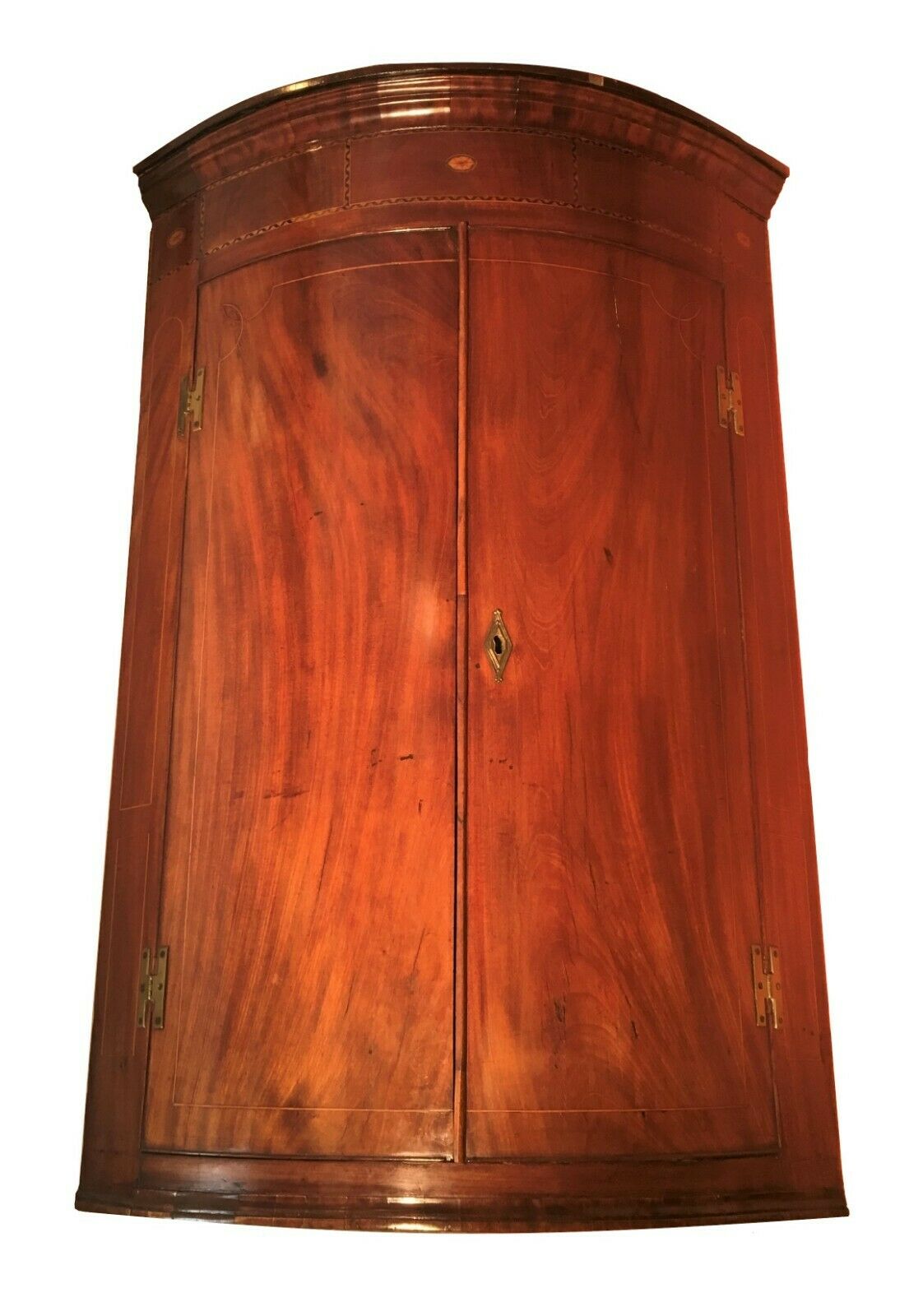 C. 1790 Hepplewhite English Bow Front Corner Cabinet W/ Inlay & Brass H Hinges - MissionGallery