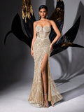 Elisanya Sequins Evening Gown Summer Formal Dress For Cocktail Party,  Galas, Award Ceremony, Graduation Season Prom, Birthday Party Solid Color  Mesh Splicing High Slit Long Gown