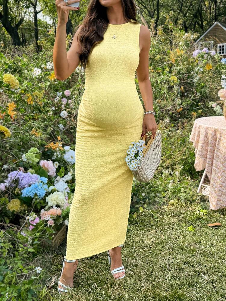 Lyckli Maternity Solid Color Minimalist Sleeveless Casual Dress Yellow Baby Shower Midi Bodycon Curve Knit Maxi