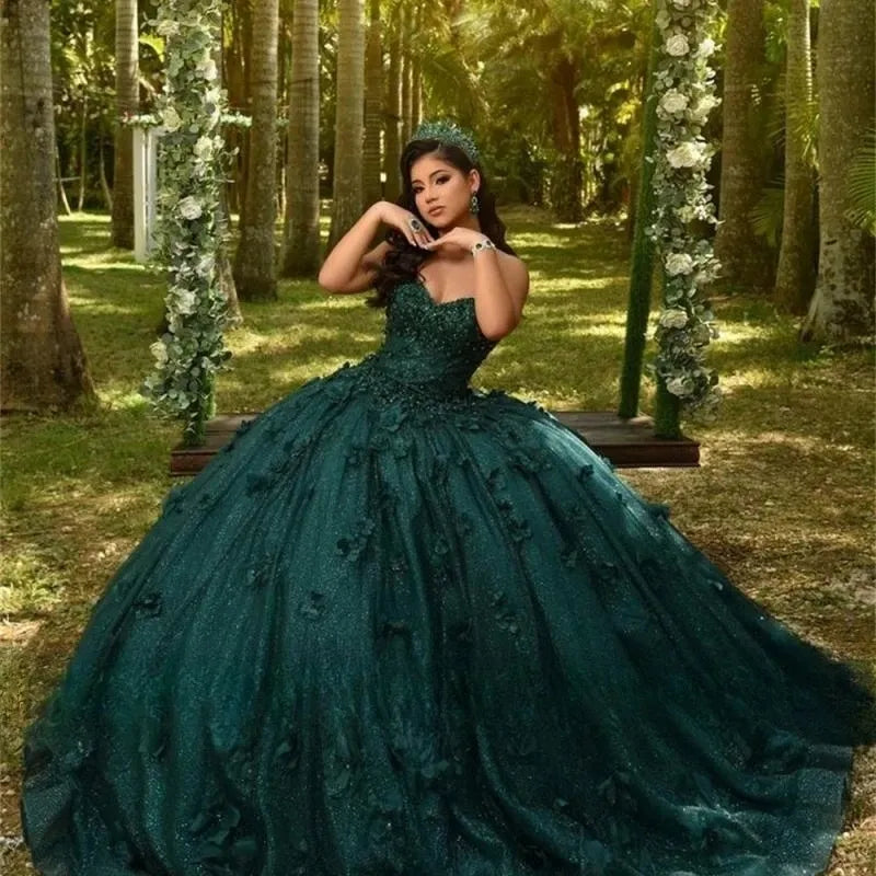 Dark Green Sweetheart 3D Wers Quinceanera Ball Gown Puffy Dark Green prom dress - Perfect for 18th Birthday and Debut