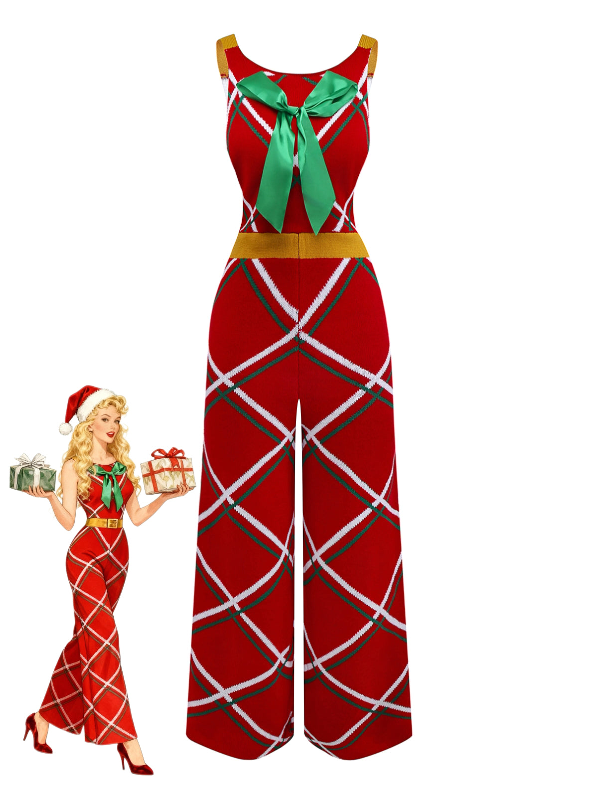 1960s Bow Christmas Plaid Patchwork Jumpsuit - vintage jumpsuit, retro fashion