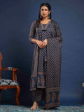 Blue Cotton Blend Printed Straight Suit Set