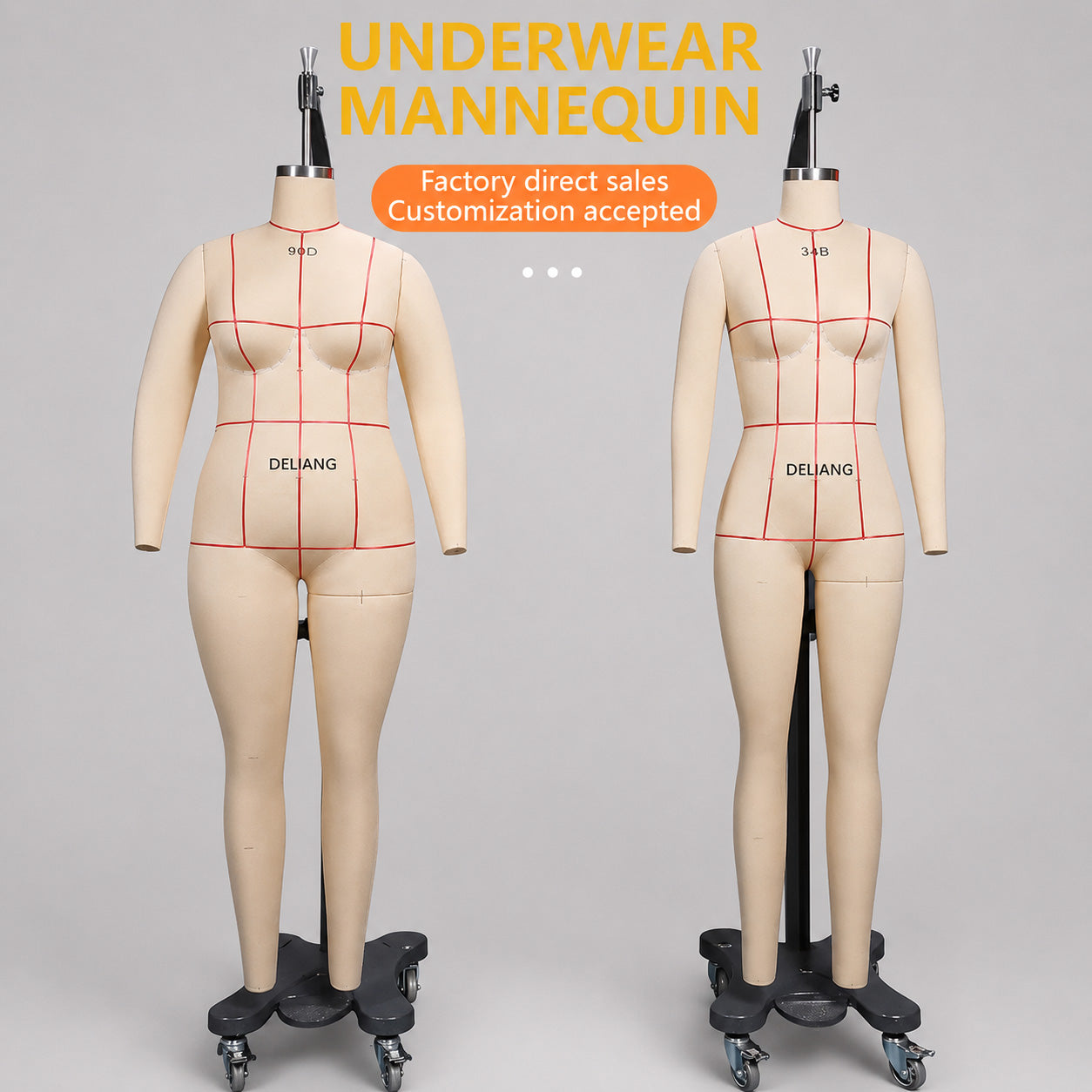DE-LIANG Professional Lingerie Tailor Dress Form - Oblique Pinnable Female Full Body Mannequin with Reference Lines