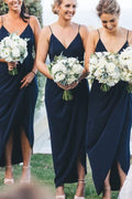 Navy Blue V Neck Short Modest Bridesmaid Dress