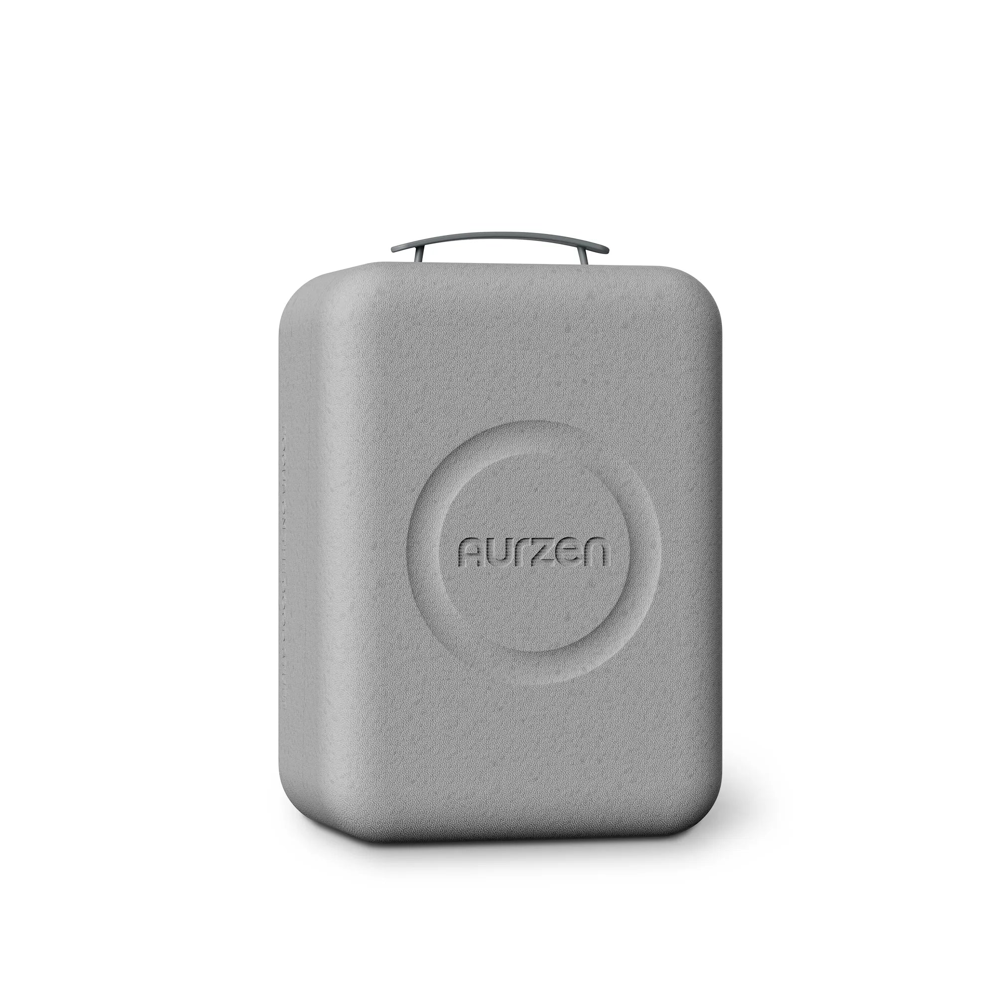 Gray hard-shell travel case with top handle and molded circular logo on front.