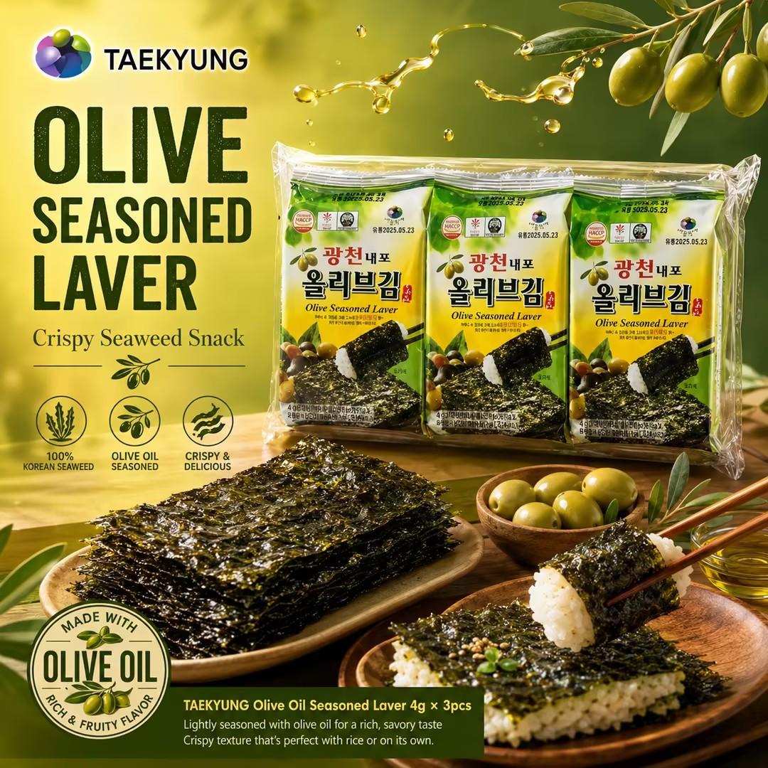 TAEKYUNG Olive Oil Seasoned Laver 4g*3pcs | Rich olive oil aroma, thin crisp texture, mild savory seaweed taste