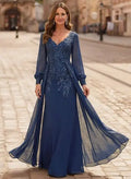 Missacc Navy Blue Mother Of The Bride Dresses A-Line V-Neck Long Sleeves Floor-Length Chiffon Mother Of The Bride Dresses With Lace