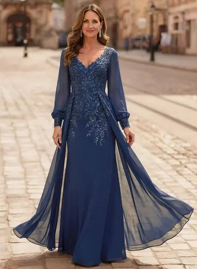 Missacc Navy Blue Mother Of The Bride Dresses A-Line V-Neck Long Sleeves Floor-Length Chiffon Mother Of The Bride Dresses With Lace