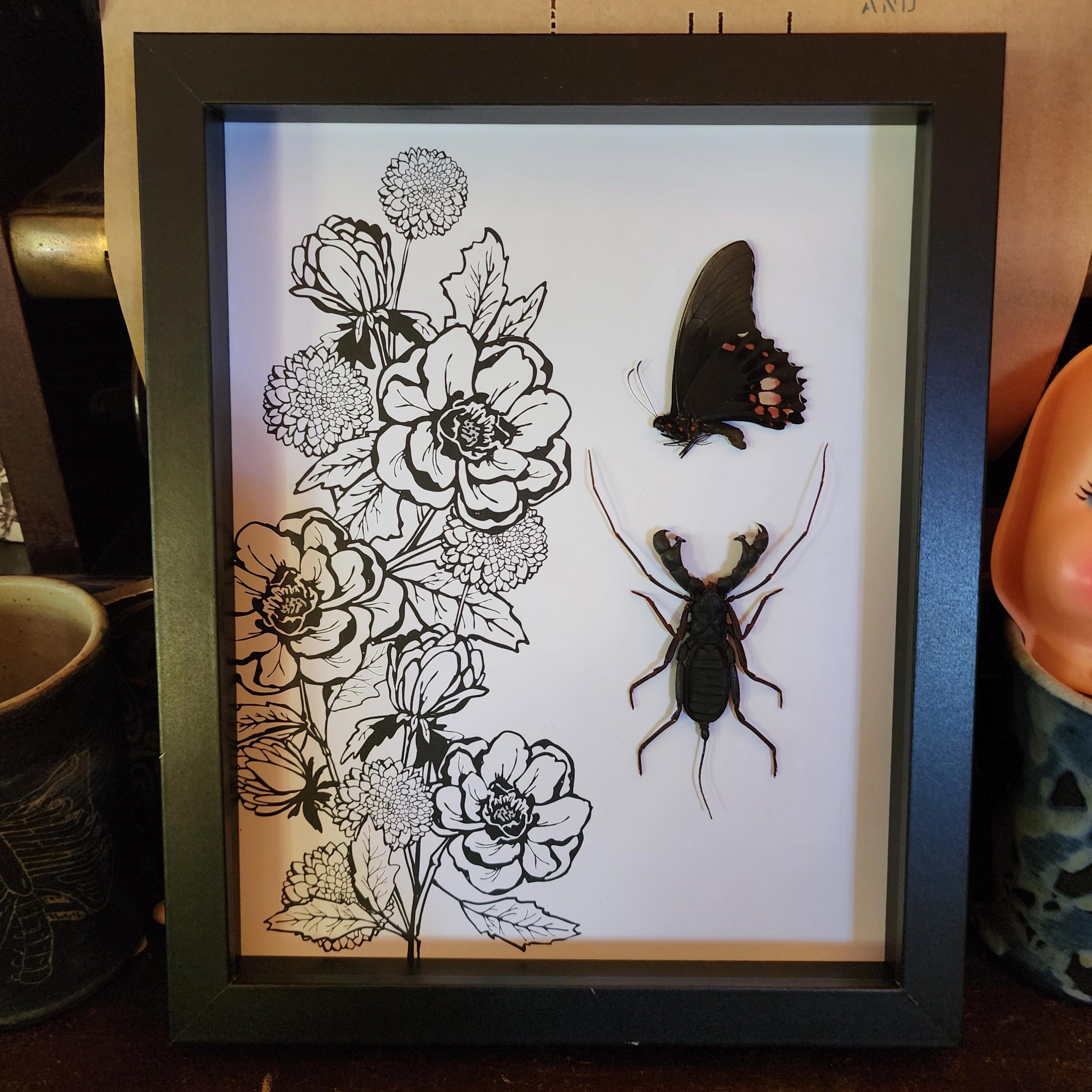 Whip Scorpion Spider and Pink Butterfly