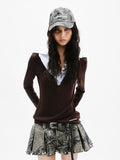 BROWN LONG-SLEEVE KNIT TOP WITH MULTI-LAYER COLLAR