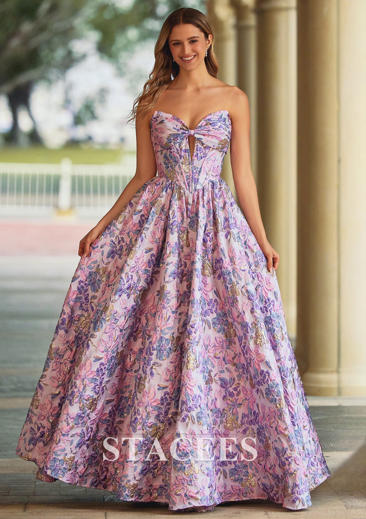 A-line Strapless Floral Brocade Prom Dress with Bow Sweetheart