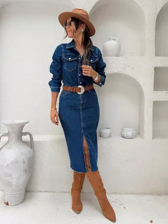 Long Sleeve Denim Midi Dress For Women - Blue Western Style Button Front  Split Front Bodycon Jean Dress