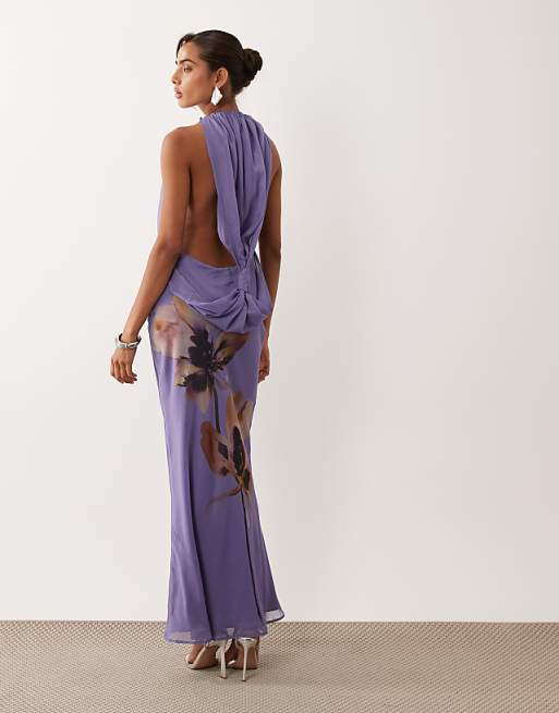 ASOS DESIGN draped halter neck maxi dress with knot back detail in floral print