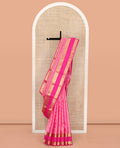 Pink Vasundhara Silk Saree, Subtly Enriched with Zari Buttas All Over Its Body, Complemented by a Contrast Rettai Pettu Border of Kodi Visiry Designs, Grand Geometric Design Pallu, and Paired with a Contrast Blouse
