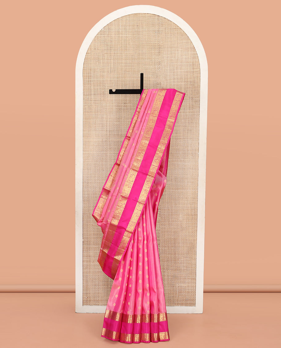 Pink Vasundhara Silk Saree, Subtly Enriched with Zari Buttas All Over Its Body, Complemented by a Contrast Rettai Pettu Border of Kodi Visiry Designs, Grand Geometric Design Pallu, and Paired with a Contrast Blouse