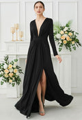 Deep V-Neck Front Split Maxi Gown in Black Black L
