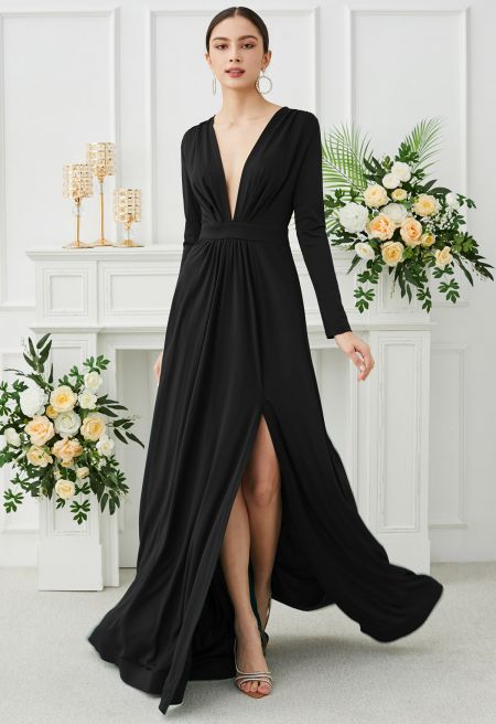 Deep V-Neck Front Split Maxi Gown in Black Black L