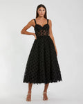 Black Polka Dot Net Bustier A-Line Midi Dress - Mac Duggal
