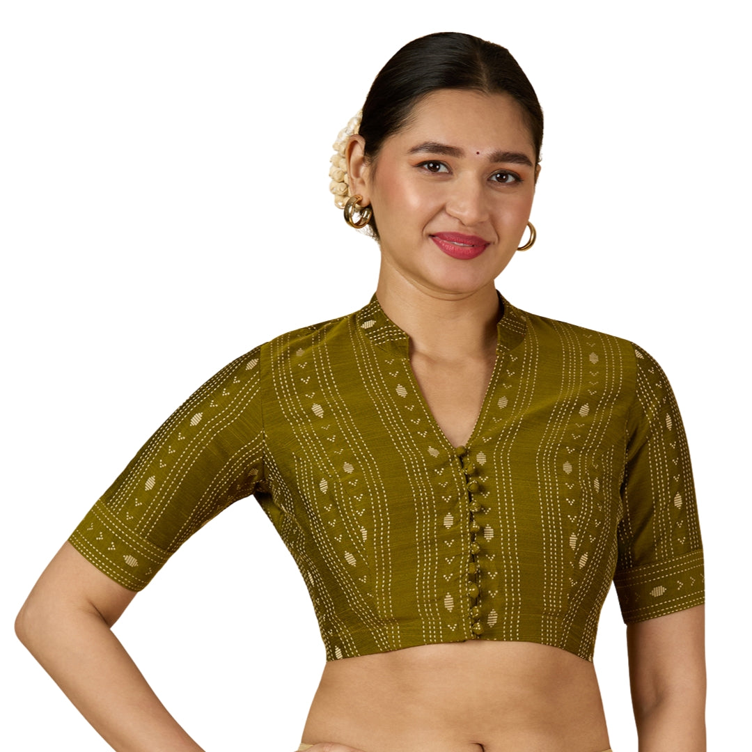 Women's Mehandi Cotton Silk Blended Readymade Saree Blouse with Collar (Design 2952)