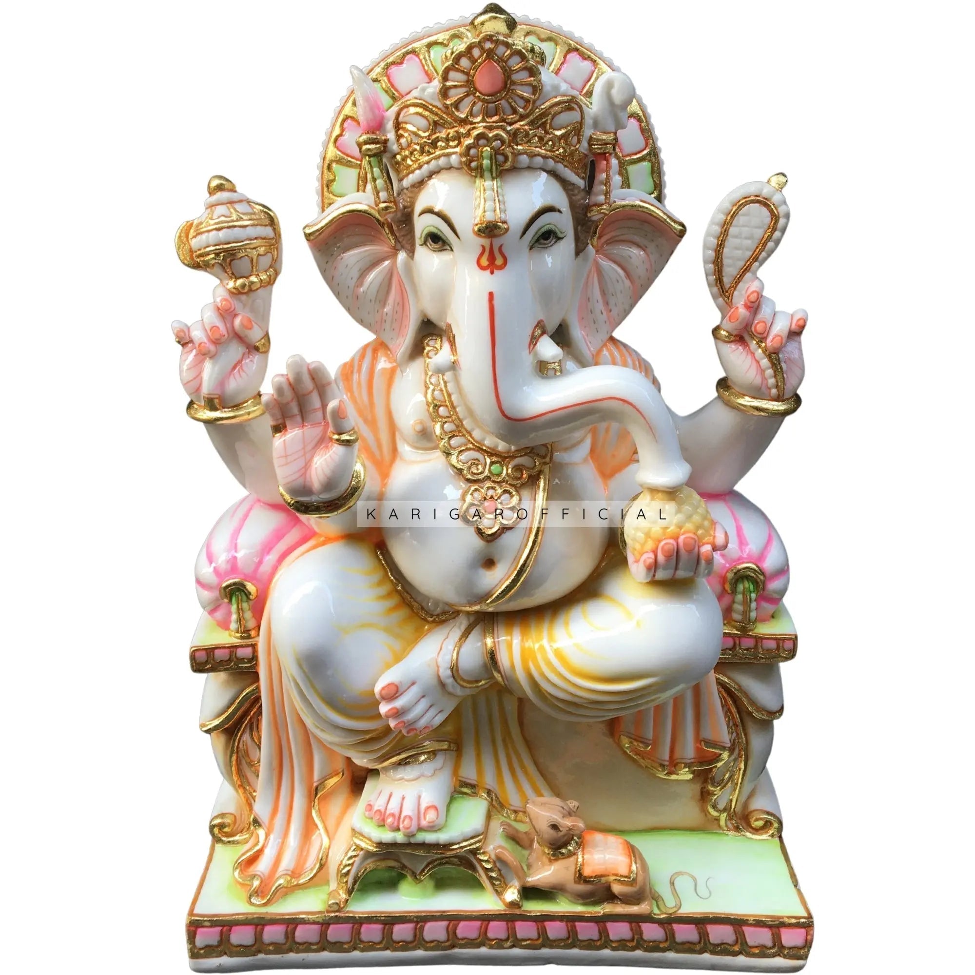 Multicolor Ganesha marble statue 24 inch with gold leaf, Ganapati idol for home temple