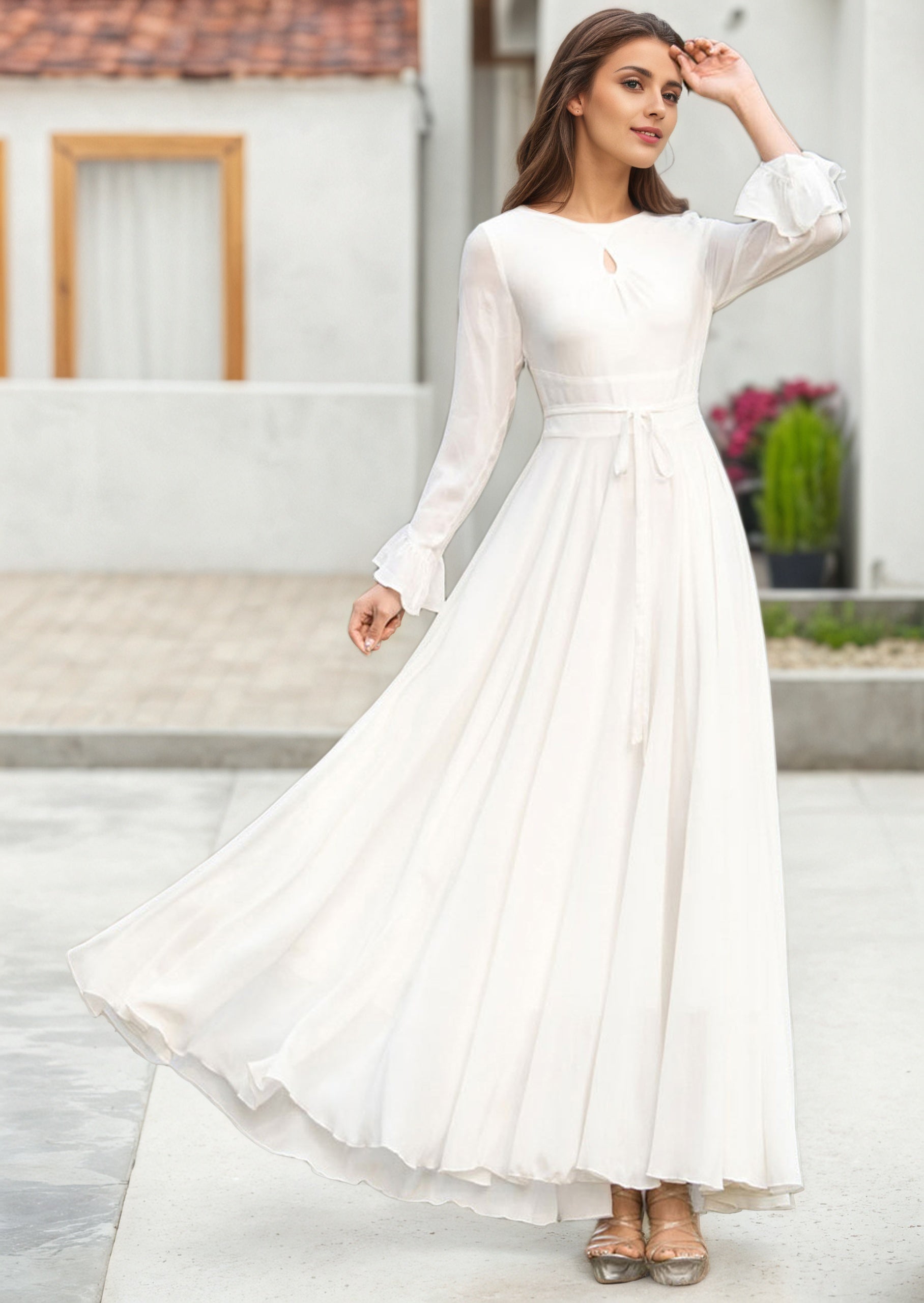 White Chiffon Maxi Dress - Flared Skirt & Keyhole Neckline 2622