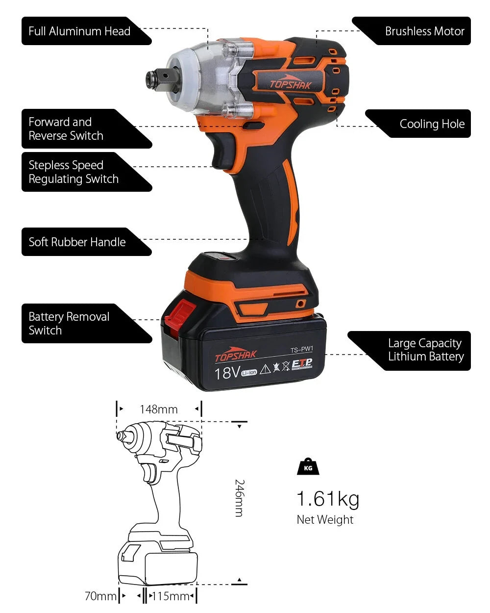 Topshak TS-PW1A 380N.M Brushless Electric Impact Wrench with LED Light & Battery for Woodworking & Maintenance