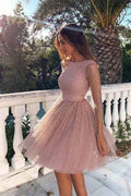 3/4 Sleeves Short Prom Dress Pink Homecoming Dress with Open Back PD330 - Pgmdress