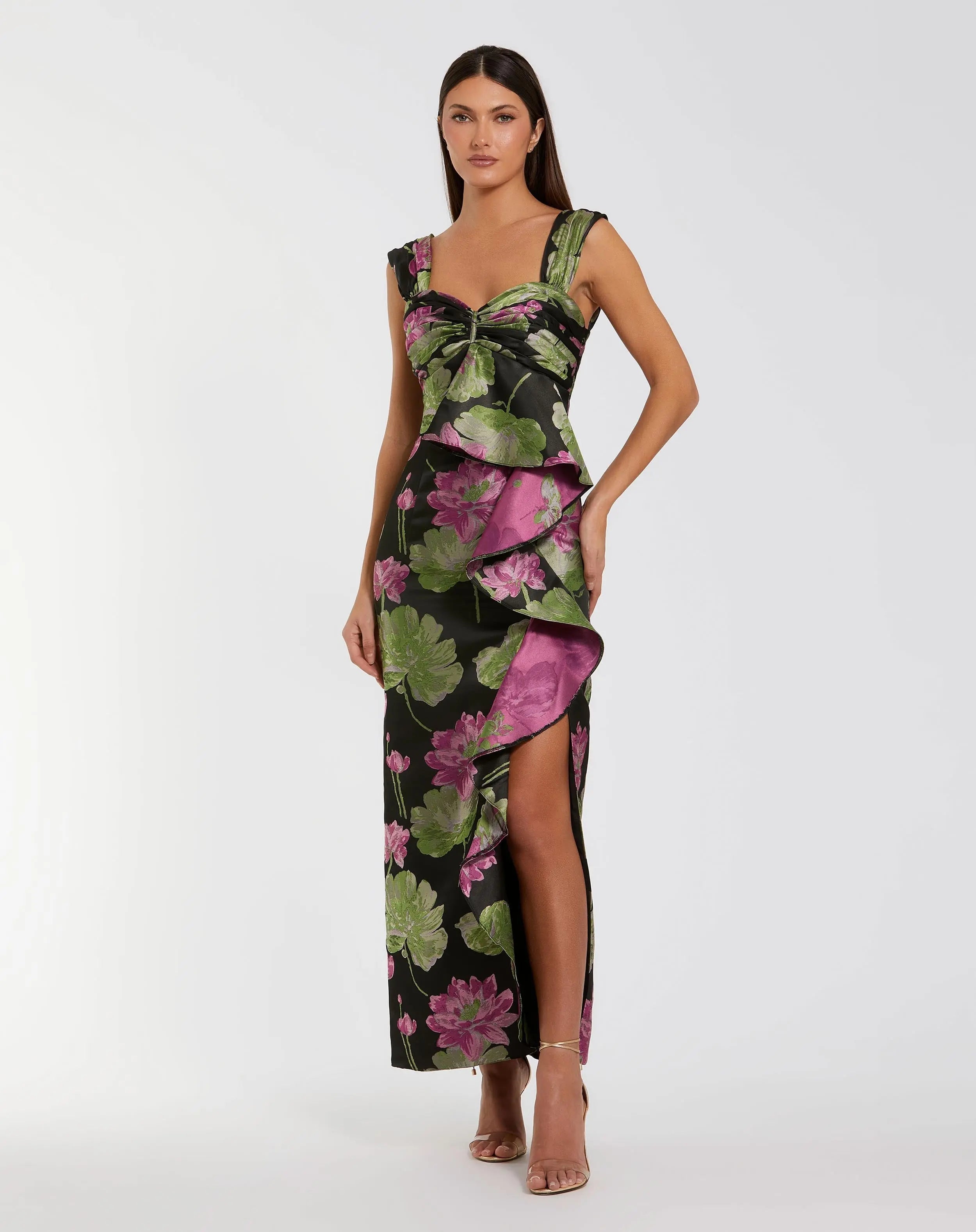 Brocade Wide Strap Ankle Length Dress With Ruffle Mac Duggal