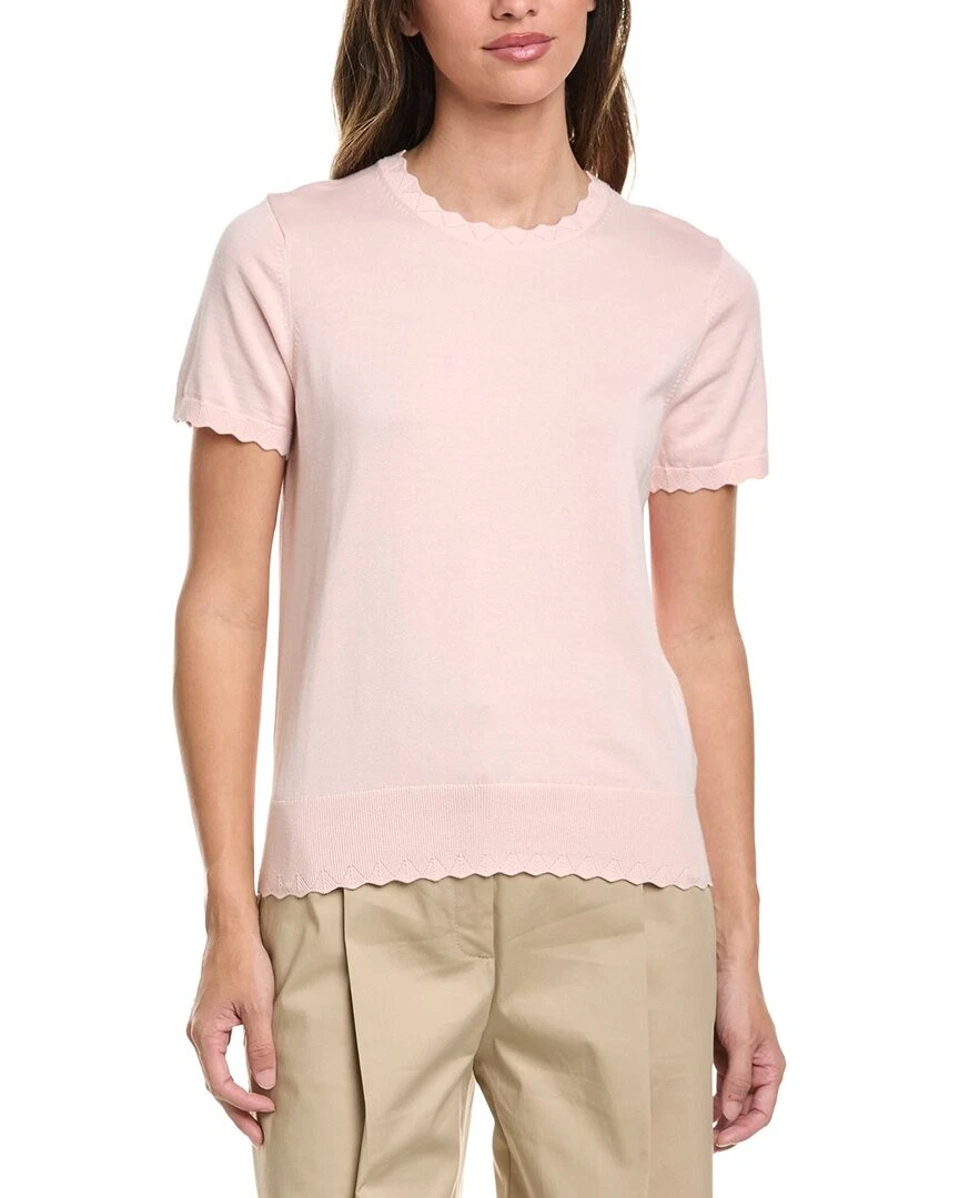Brooks Brothers Womens Scalloped Pointelle-Trim Short Sleeve Sweater