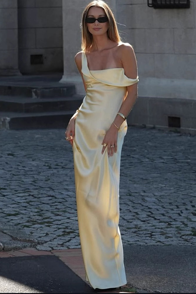 Asymmetrical Shoulder Backless Strapless Formal Dress