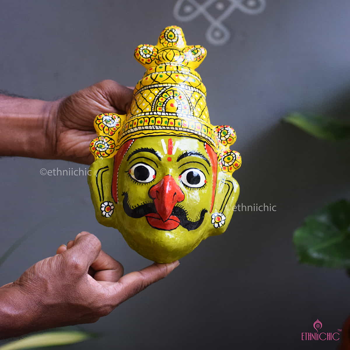Jatayu Cheriyal Mask for Wall Decor - front view, hand-painted - EthniiChic Cheriyal