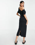 ASOS DESIGN pleated shoulder midi pencil dress in black