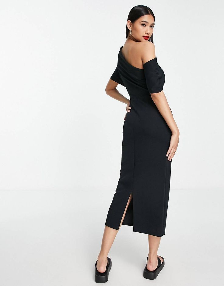 ASOS DESIGN pleated shoulder midi pencil dress in black