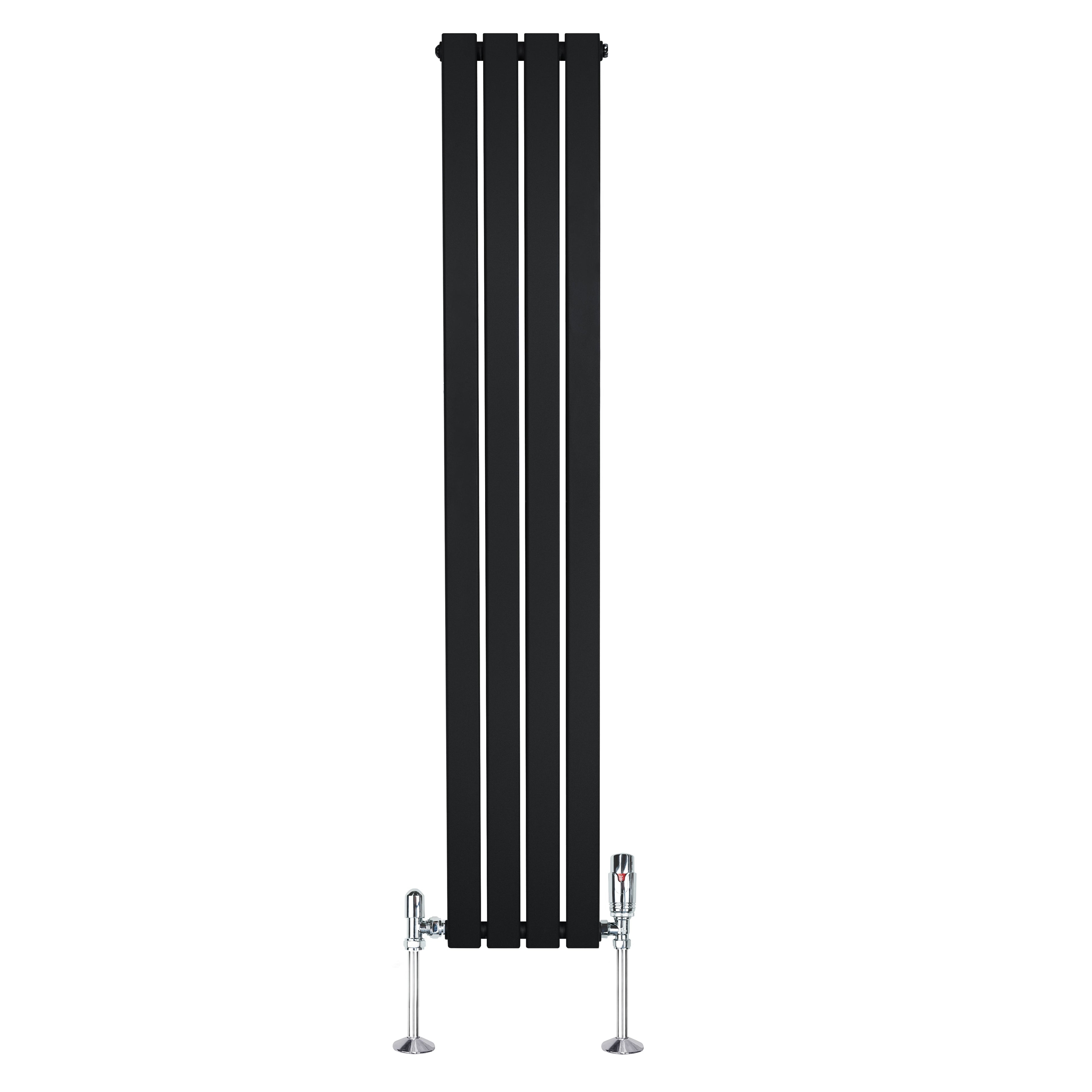 Radiateur plat noir à 1 panneau, dimensions 1600 x 280 mm, avec vannes chromées, design moderne et lignes épurées