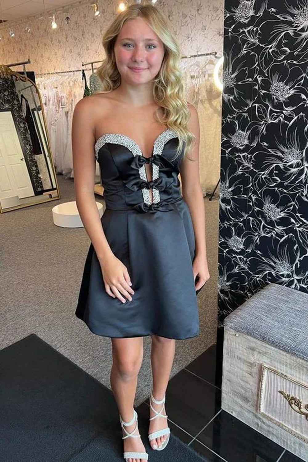 Sparkly A-Line Black Strapless Satin Short Homecoming Dress with Bow Bmbride