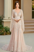 Beige A Line Flutter Sleeves Mother Of Bride Dress With Lace Appliques