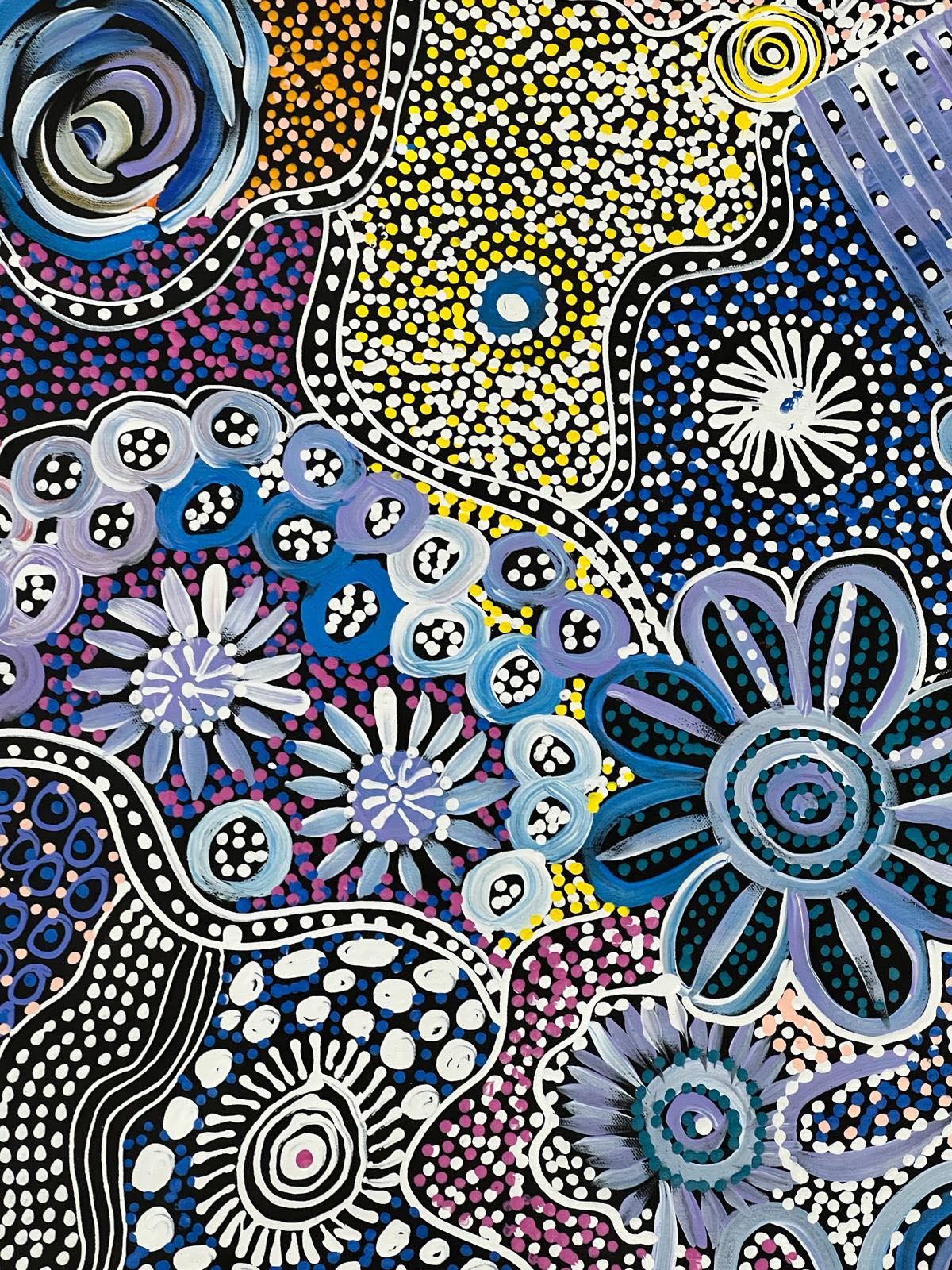 "My Country" Aboriginal art by Katrina Bird - close-up detail, 197cm x 93cm