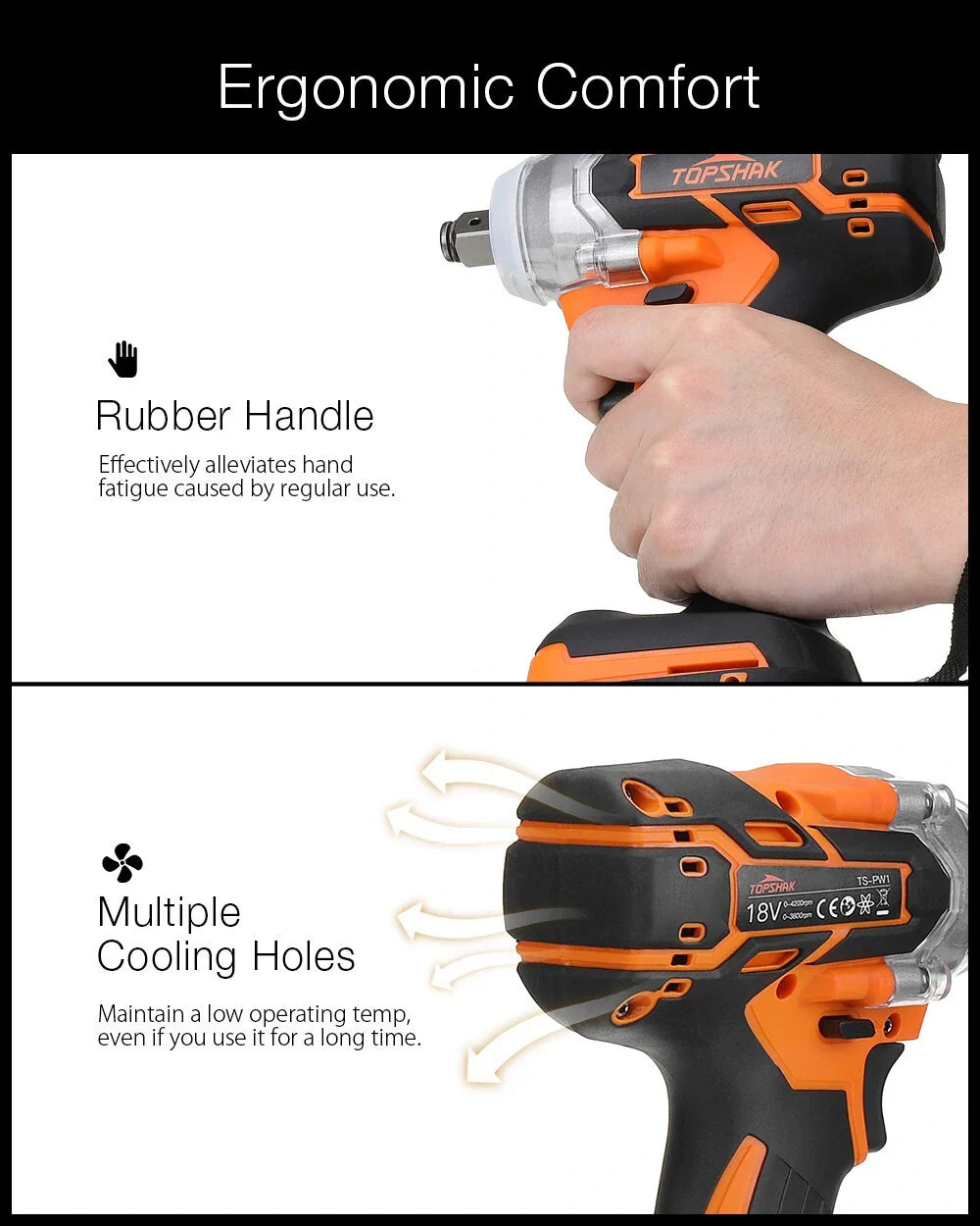Topshak TS-PW1A 380N.M Brushless Electric Impact Wrench with LED Light & Battery for Woodworking & Maintenance