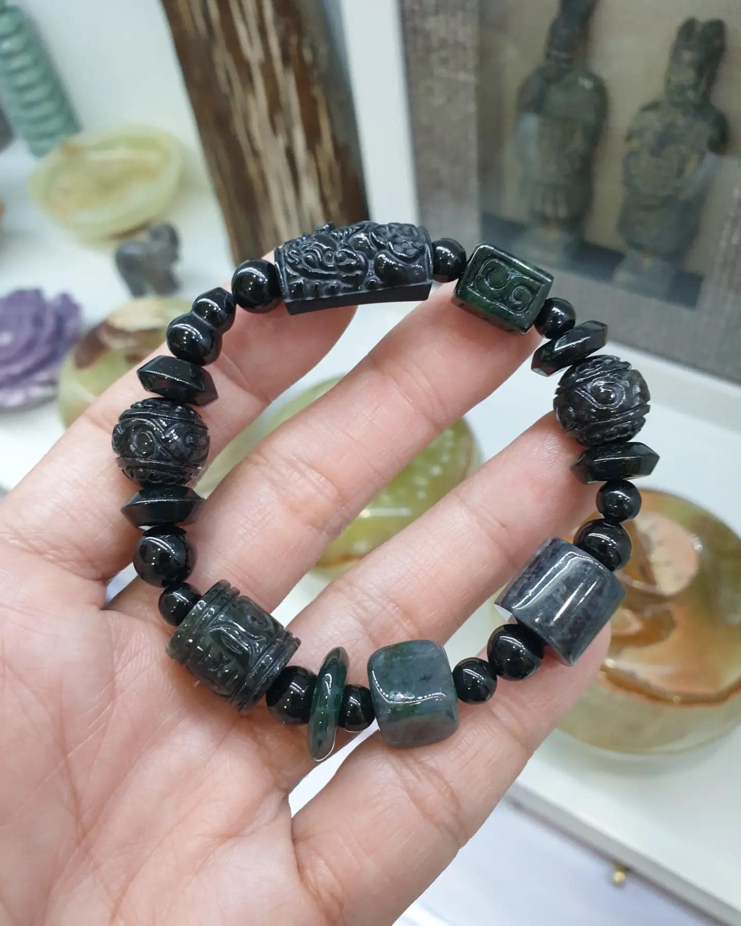 Signature Jade Bracelet 17cm Type A Natural Jadeite Mix Black Tone Beads